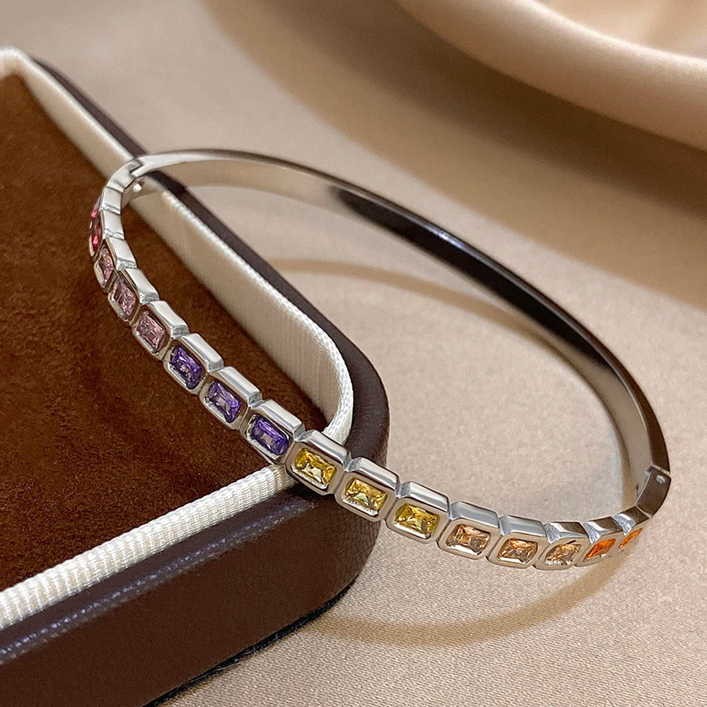 Stainless Steel Bangles Bracelets for Men Women Elegant Inlaid Colorful Square Rhinestone Open Bangle Party Wedding Cuff Jewelry