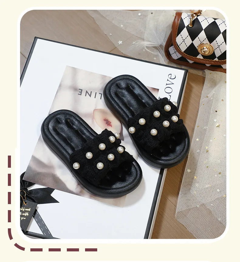 Slippers Princess Wind Pearl Puffs Girls Little Girl Slippers Soft Bottom Outside Penetrating Air Sandals