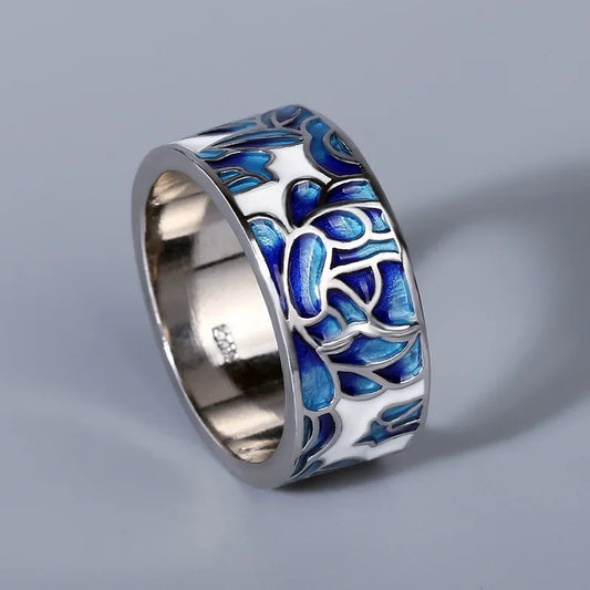 New Ladies Classic Epoxy Enamel Blue Flower Ladies Ring 925 Silver Ladies Jewelry Wedding Ring Bridal Jewelry Wide Silver Ring