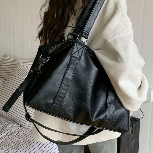 Ladies' large black PU travel handbag with shoulder strap and top handle, suitable for work, fitness, and shopping, handbag-liu