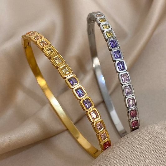 Stainless Steel Bangles Bracelets for Men Women Elegant Inlaid Colorful Square Rhinestone Open Bangle Party Wedding Cuff Jewelry