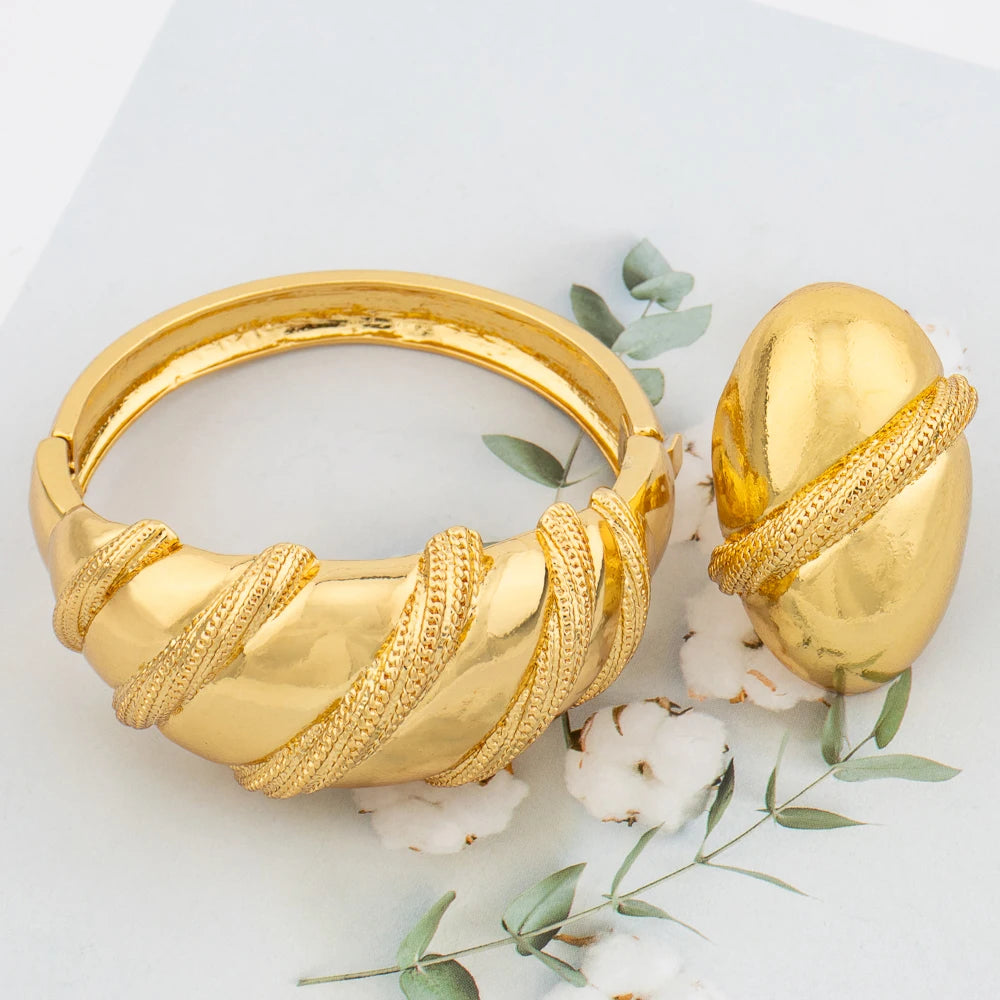 Large Hoop Bangle for Women Flower Italian Dubai Gold Color Bracelet Ring Jewelry Set Luxury Copper Fashion Birthday Party Gift