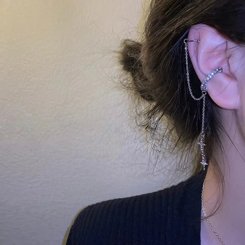 Shiny Silver Color Crystal Tassel Non-Piercing Cuff Ear Clip Earring For Women Rhinestone Star Fake Cartilage Piercing Jewelry