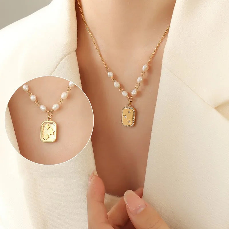 Fashion Trendy Square Zircon Inlaid Pendant Artificial Pearl Necklace European and American Style Female Temperament Jewelry