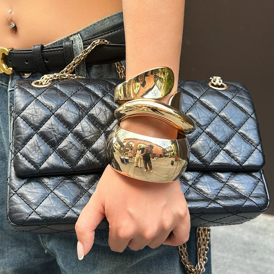 KMVEXO Vintage Irregular Wide Cuff Bangles Hip Hop Metal Spring Bangles Punk Gold Silver Color Geometric Bangles For Women Men