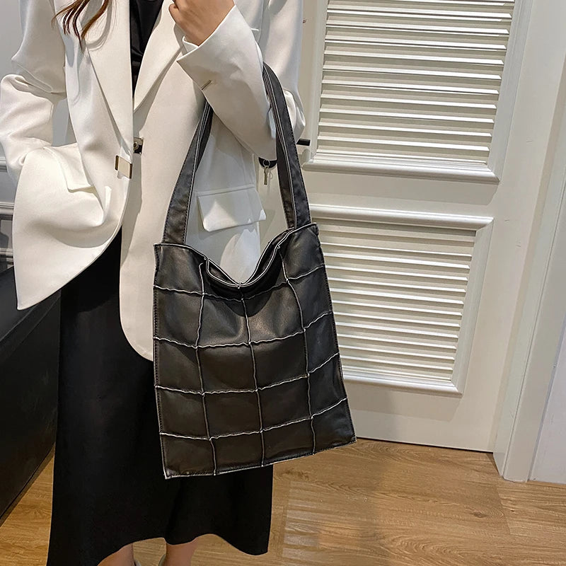 Ladies Handbag Women Vintage Bag Large Capacity Female Bag  Brand Designer Plaid Shoulder Bag Soft Leather Top Handle Tote Bags