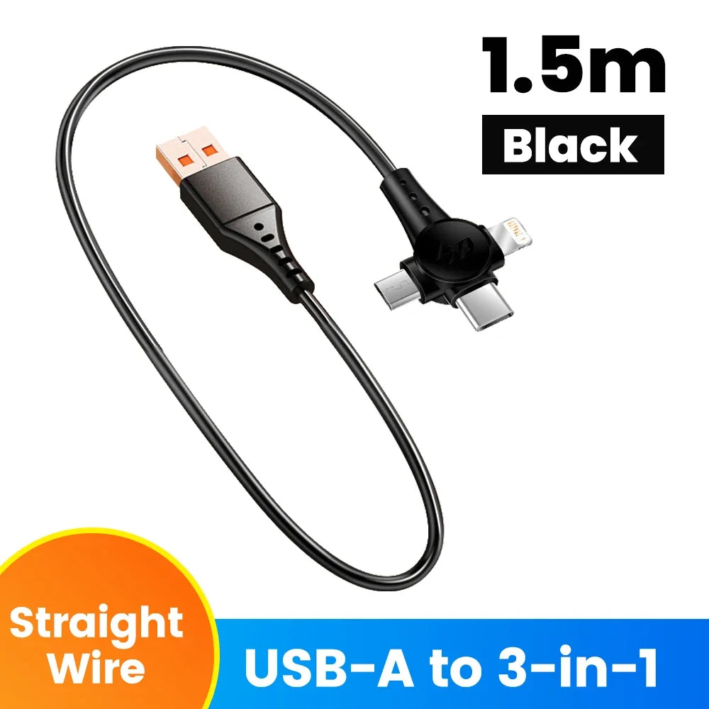 120W 3-in-1 USB C Cable Super Fast Charging Spring Retractable Data Cable For iPhone Huawei Xiaomi Phone Quick Charger Data Cord