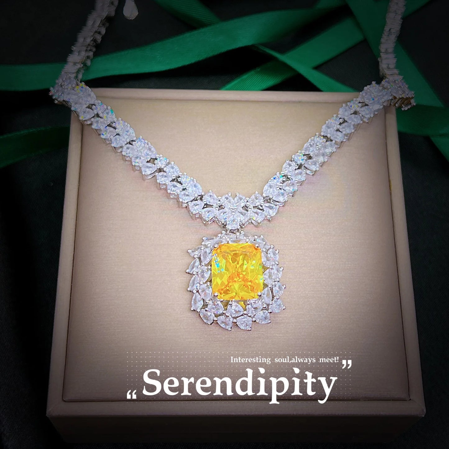 Silver Color Women Jewelry Sets Imitated Diamond Yellow AAAAA Shiny Zircon Pendant Necklaces Rings Earrings Women's Bridal Set
