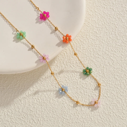 2024 New Colored Artificial Crystal Beaded Flowers Necklace for Women Gold-plated Stainless Steel Waterproof Jewelry Accessories
