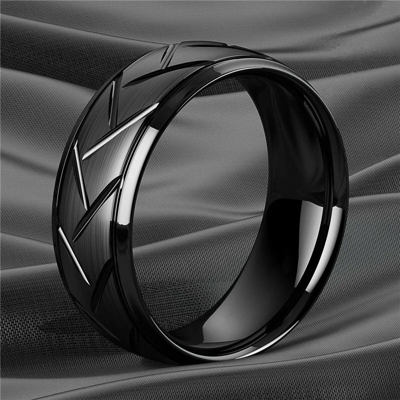 Fashion Stainless Steel Black Ring Stylish Simple Men's Black Wire Groove Tire Ring Artificial Jewelry Lover Gift
