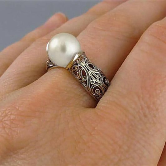 Women Vintage S925 Silver Gold Plated Jewelry Ring Artificial White Pearl Ring Wedding Engagement Casual Gift