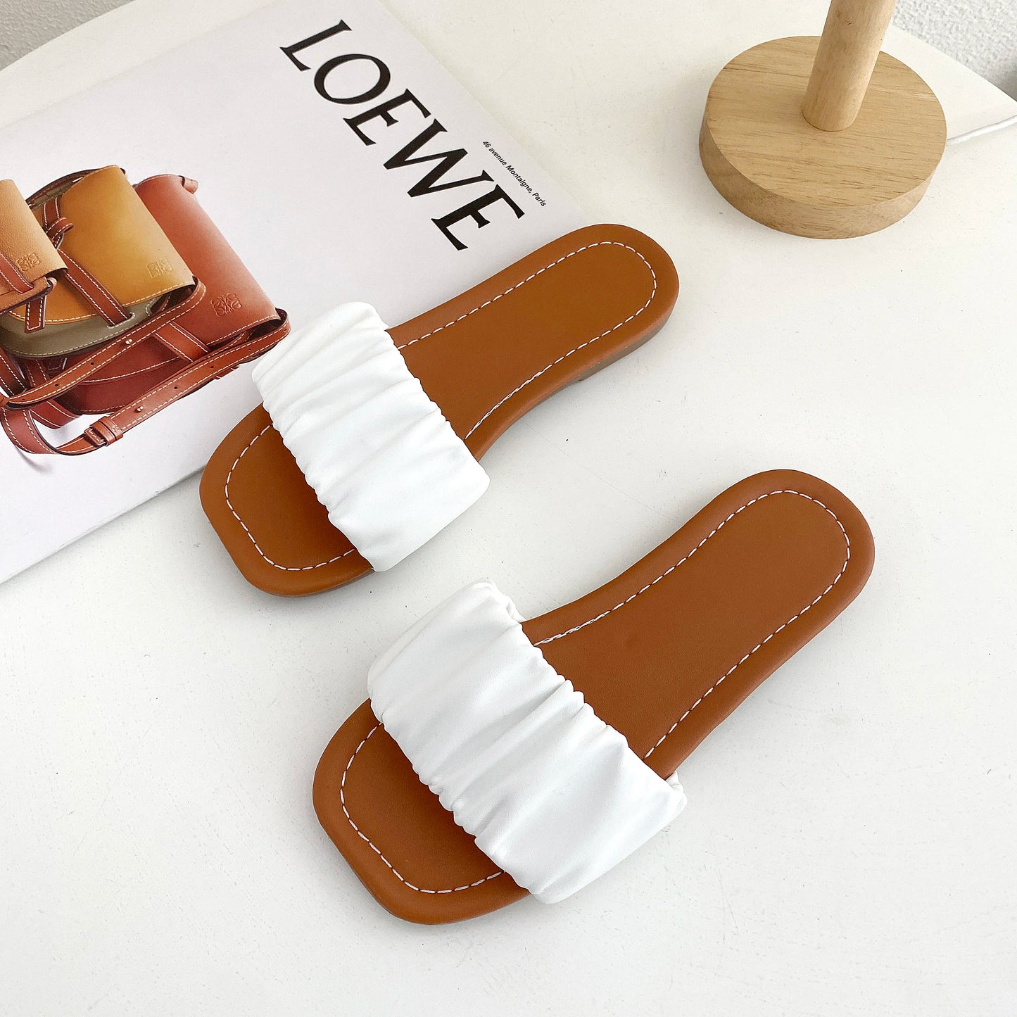 Girl's Slippers Pleated Black White Pu Leather Beach Kids Sliders Flat Summer Square Toe Leisure Slip-on Children Shoes 27-36