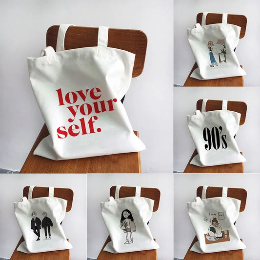 Ladies Handbags Girl Power Quotes Canvas Tote Bag Shopping Travel Women Eco Reusable Shoulder Shopper Bags High Capacity
