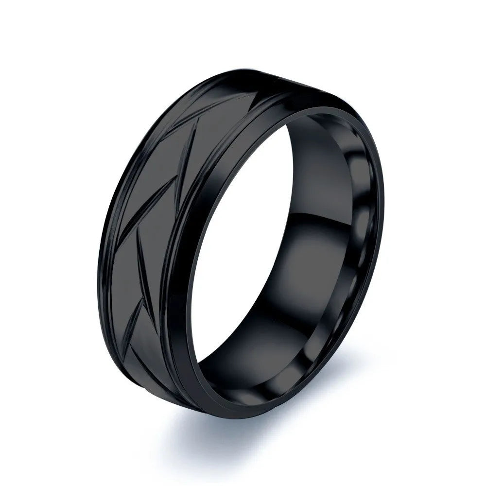 Fashion Stainless Steel Black Ring Stylish Simple Men's Black Wire Groove Tire Ring Artificial Jewelry Lover Gift